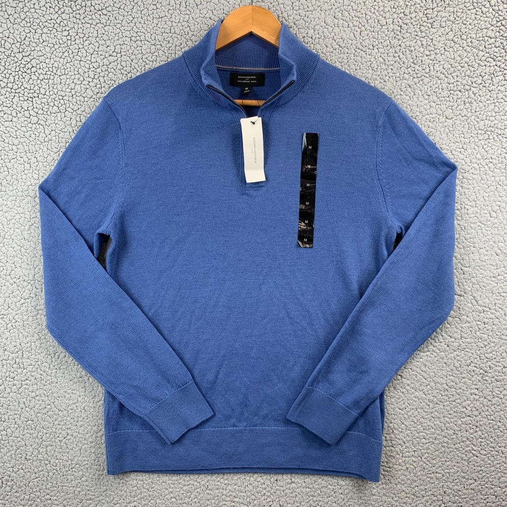 NWT Banana Republic Men's 100% Merino Wool Quarter Zip Sweater Blue Size Medium